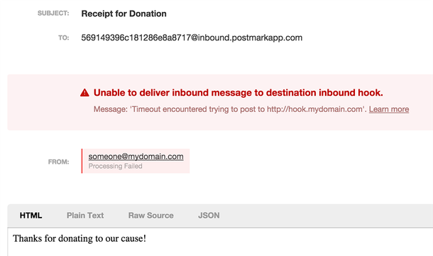 Error Message Postage Screenshot of an inbound email that failed and the associated error ...