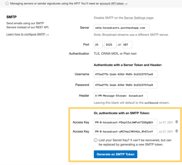 You find the shiny new SMTP Tokens in your Message Stream settings in ...